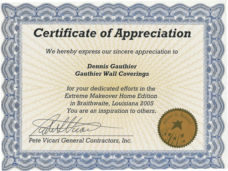 Certificate of Appreciation from Pete Vicari General Contractors, Inc.